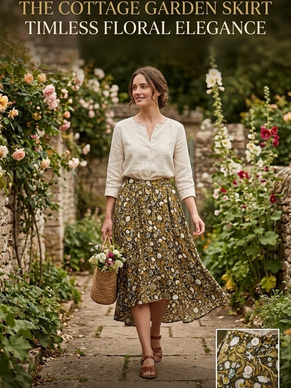Catherine Malandrino Olive Floral Midi Skirt